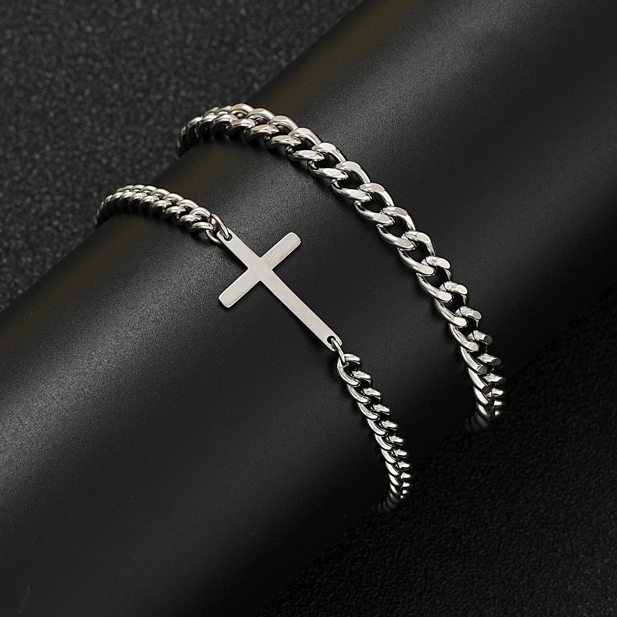 Braceletee Unisex Stainless Steel Cross Cuban Chain Bracelet Set