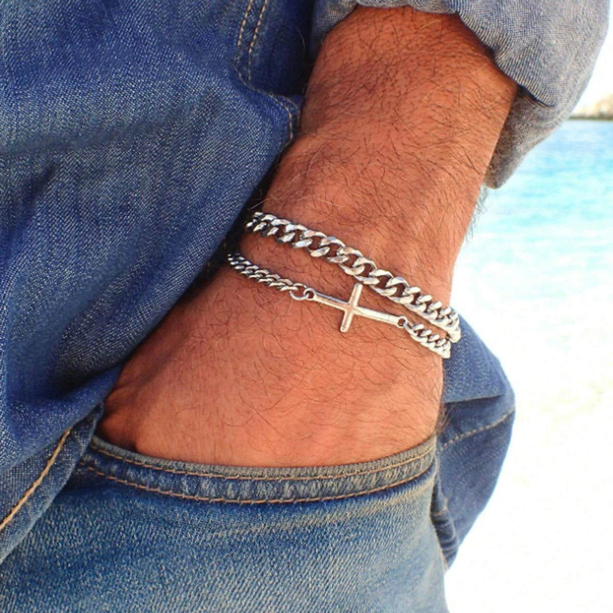 Braceletee Unisex Stainless Steel Cross Cuban Chain Bracelet Set