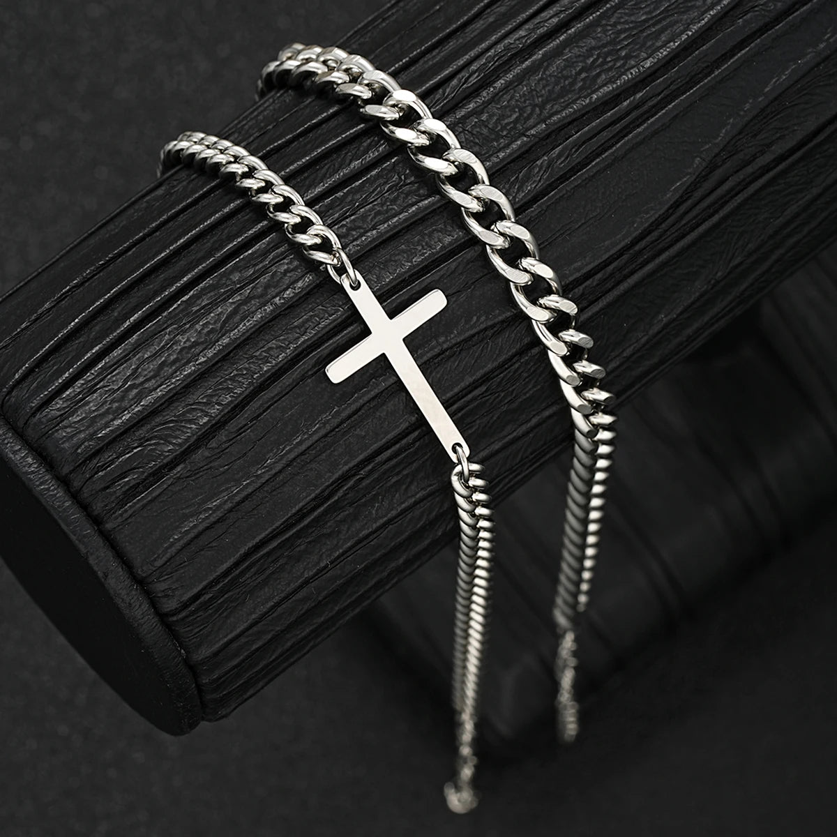 Braceletee Unisex Stainless Steel Cross Cuban Chain Bracelet Set