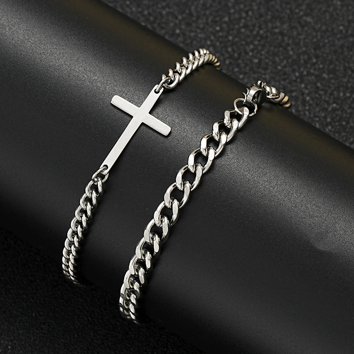 Braceletee Unisex Stainless Steel Cross Cuban Chain Bracelet Set